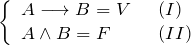 \[ \left \{ \begin{array}{ll} A \longrightarrow B = V \;\; &(I) \\ A \wedge B = F \;\; &(II) \end{array} \]