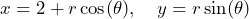 \[x = 2 + r\cos(\theta), \quad y = r\sin(\theta)\]