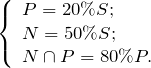 \[ \left \{ \begin{array}{l} P = 20\%S ;\\ N = 50\% S;\\ N \cap P = 80\%P. \end{array} \]