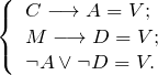 \[ \left \{ \begin{array}{l} C \longrightarrow A = V; \\ M \longrightarrow D = V; \\ \neg A \vee \neg D = V. \end{array} \]