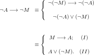 \[ \begin{array}{cl} \neg A \longrightarrow \neg M  & \equiv \left \{ \begin{array}{c} \neg (\neg M) \longrightarrow \neg (\neg A) \\ \\ \neg (\neg A) \vee (\neg M) \end{array} \\ \\ \\ & \equiv \left \{ \begin{array}{cc} M \longrightarrow A;   &(I) \\ \\ A \vee (\neg M).   &(II) \end{array} \end{array} \]