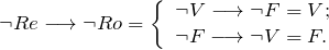 \[ \neg Re \longrightarrow \neg Ro = \left \{ \begin{array}{l} \neg V \longrightarrow \neg F = V;\\ \neg F \longrightarrow \neg V = F. \end{array} \]
