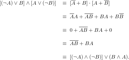 \[ \begin{tabular}{ll} [(\neg A) \vee B] \wedge [A \vee (\neg B)] \; & \equiv \;  [\overline{A} + B] \cdot [A + \overline{B}] \\ \\ & \equiv \;  \overline{A}A + \overline{A} \overline{B} + BA + B \overline{B} \\ \\ & \equiv \;  0 + \overline{A} \overline{B} + BA + 0 \\ \\ & \equiv \;  \overline{A} \overline{B} + BA \\ \\ & \equiv \;[ (\neg A) \wedge (\neg B)] \vee (B \wedge A). \end{tabular} \]