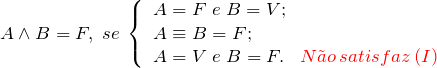 \[ A \wedge B = F, \; se\; \left \{ \begin{array}{ll} A = F\;e\;B=V; \\ A \equiv B = F; \\ A = V\;e\;B=F. \;\;\; \color{red}{N\~{a}o\,satisfaz\,(I)} \end{array} \]