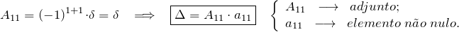 \[ A_{11} = (-1)^{1+1} \cdot \delta = \delta \;\;\; \Longrightarrow \;\;\; \boxed{ \Delta = A_{11}\cdot a_{11} }\;\;\; \left\{ \begin{array}{l} A_{11} \;\; \longrightarrow \;\;adjunto; \\ a_{11} \;\; \longrightarrow \;\;elemento\; n\tilde{a}o \; nulo. \end{array} \]