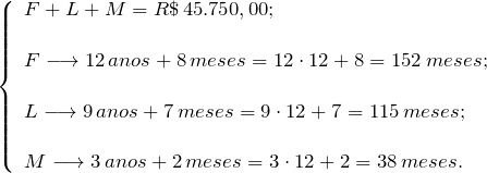 \[ \left \{ \begin{array}{ll} F + L + M =R \$ \, 45.750,00; \\ \\ F \longrightarrow 12\,anos+8\,meses = 12 \cdot 12+8 = 152 \,meses; \\ \\ L \longrightarrow 9\,anos+7\,meses =  9 \cdot 12+7 = 115 \,meses;\\ \\ M \longrightarrow 3\,anos+2\,meses = 3 \cdot 12+2 = 38 \,meses. \end{array} \]
