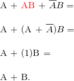 \[ \begin{tabular}{l} A + \textcolor{red}{AB} + \overline{A}B = \\ \\ A + (A + \overline{A})B = \\ \\ A + (1)B = \\ \\ A + B. \end{tabular} \]